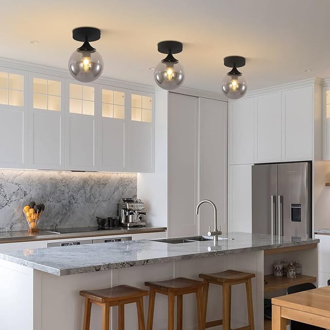 KCO Lighting Mid Century Modern Black Semi Flush Mount Ceiling Light Smoke Grey Globe Glass Ceiling Light Industrial Hallway Close to Ceiling Lights for Porch Bedroom Living Room