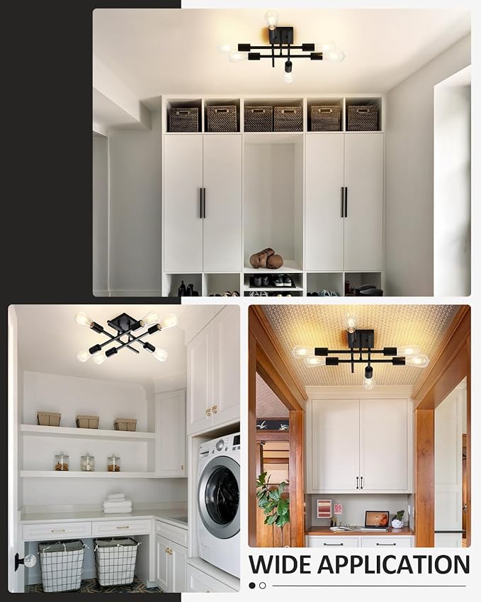 6-Light Semi Flush Mount Ceiling Light Fixture, Modern Black Sputnik Chandelier Lighting, Farmhouse E26 Stock Ceiling Lamp Kitchen Bedroom Living Room Entryway, Bulbs Not Included