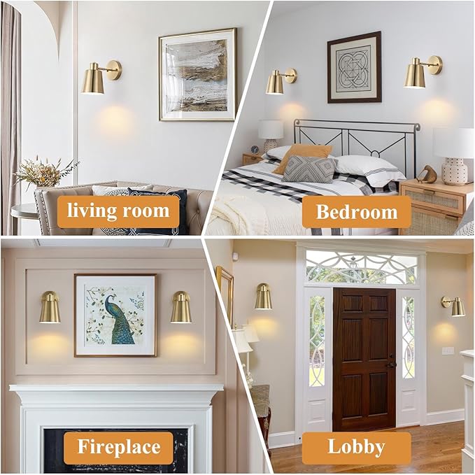 Battery Operated Wall Sconce Set of Two,Gold Modern with Remote Control Dimmable Wall Lighting Indoor, Not Hardwired Led Wall Lamp Fixtures for Bedroom, Bulb Included