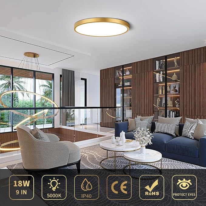 2Pack 9Inch LED Ceiling Light Fixture Flush Mount, 18W(180W Equivalent), 1800LM, 5000K Daylight White, IP40, Flat Modern LED Ceiling Lights for Bedroom, Living Room, Bathroom, Stairwell, etc.(Gold)