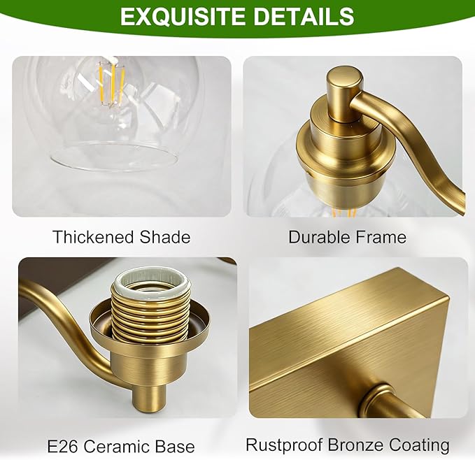 IZORRO Bathroom Light Fixtures, 4 Light Brushed Gold Vanity Light, Modern Wall Sconces with Globe Clear Glass Shade, Vanity Lighting Fixtures Over Mirror,E26 Bulb Socket