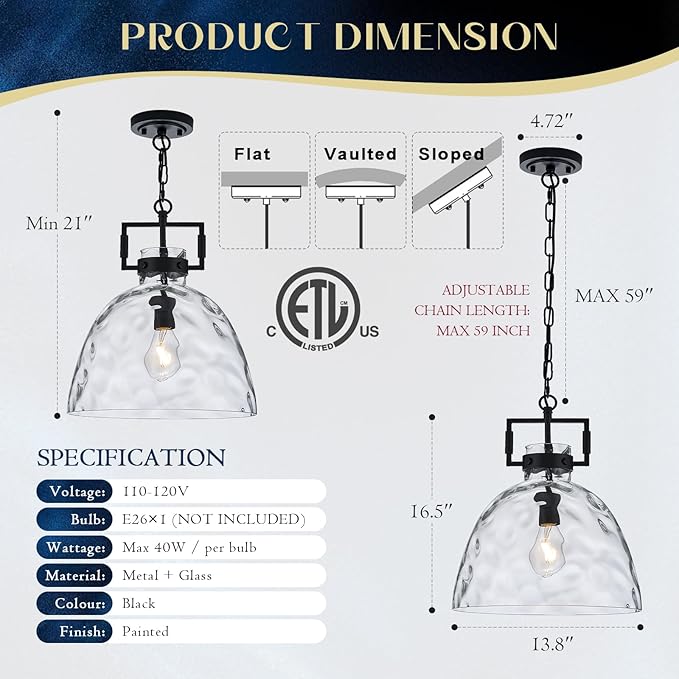 Glass Pendant Light, 13.8 Inch Single Hanging Ceiling Light with Adjustable Chain, E26 Base Oversized Hammered Clear Glass Kitchen Island Pendant Lighting in Matte Black for Dining Room, Entryway