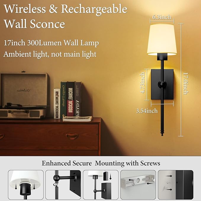 iThird Rechargeable Battery-Operated Wall Sconces Set of 2: Black Wireless Wall Lights with Touch and Remote, 6000mAh Battery Powered Scone Lighting Cordless Wall Lamp for Bedroom Living Room Hallway