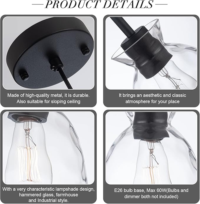 Pendant Light Over Sink with Industrial Hammered Glass Farmhouse Hanging Ceiling Light Adjustable Cord for Kitchen Island Dining Table