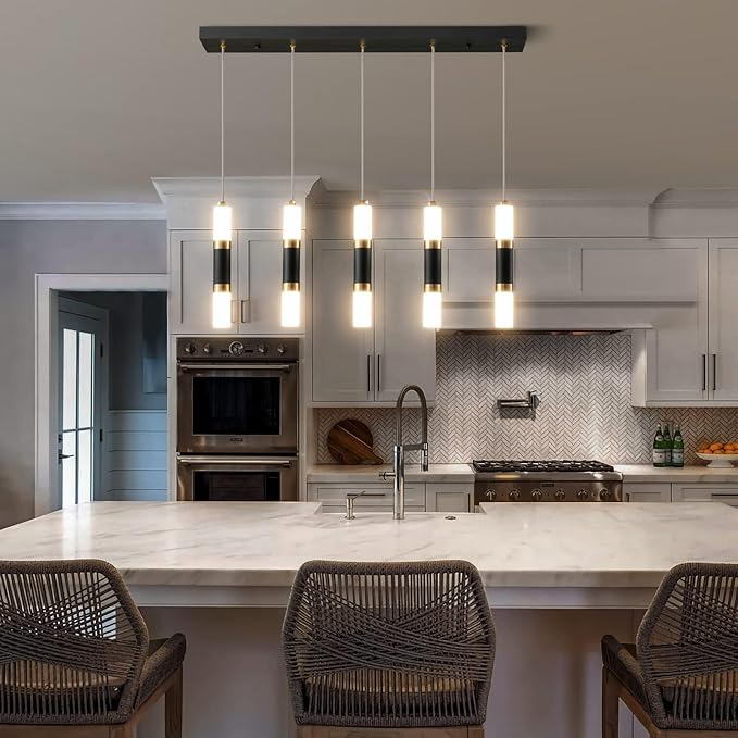 Modern Kitchen Island Dimmable LED Modern 5-Light Black Gold Pendant Light, Kitchen Island Dinning Room Black Pendant Light