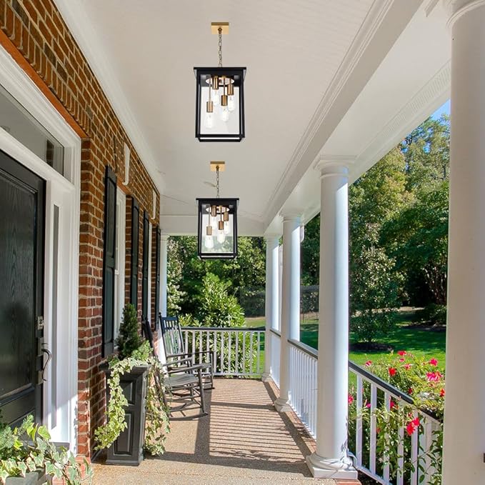 TODOLUZ Outdoor Pendant Light Fixtures, 4-Lights Large Outdoor Ceiling Hanging Lanterns in Black & Brushed Brass, Farmhouse Exterior Chandelier for Front Door Entry Patio