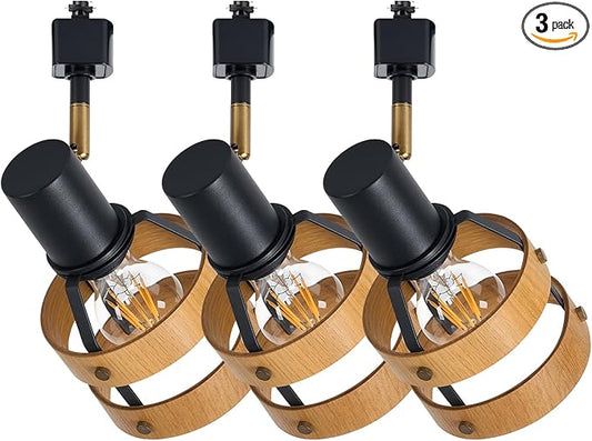 Adjustable Modern H-Type Track Lighting Heads, Farmhouse 3-Pack Real Pecan Wood and Brass Accent, Retail Display, Gallery Walls, E26 Base