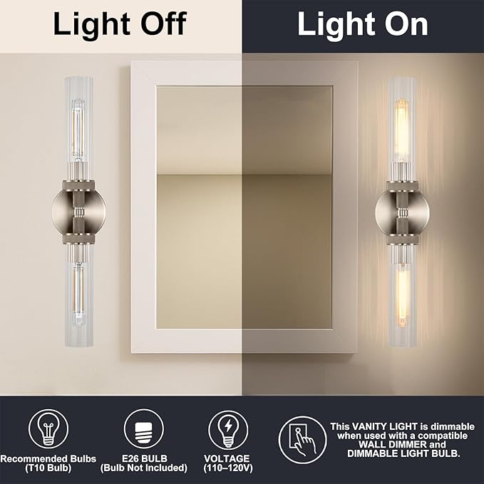 LaLuLa 2-Light Brushed Nickel Vanity Wall Lights Set of 2 –Hardwired Bathroom Light Fixtures with Rippled Glass Shades and Textured Metal Body, Chrome Accent Sconces for Over Mirror or Hallway