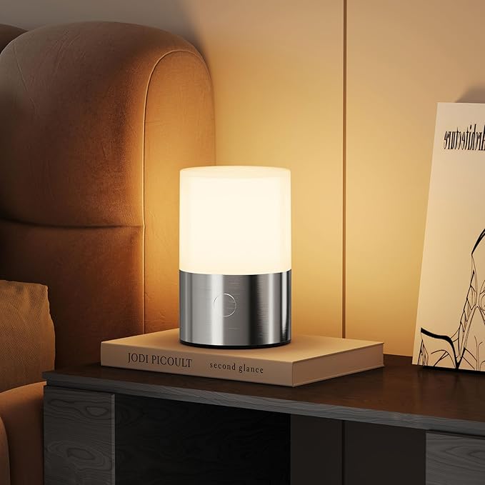 Small Table Lamp - Rechargeable, Portable, Up to 20-Hour Battery Life, 10 Brightness Levels, Auto-Off Timer, Waterproof, Warm Light for Bedside, Travel, Camping & Décor-Nickel Finish