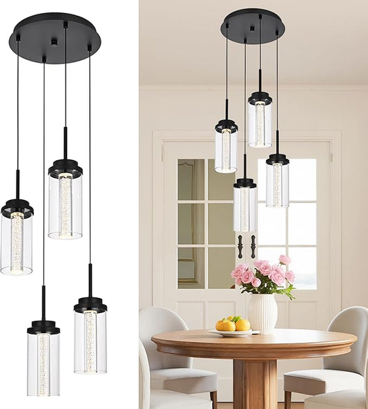 MELUCEE 4-Light Dimmable LED Pendant Light Dining Room Light Fixture Over Table Black Chandelier, 3000K-6000K Adjustable Color Temperature Island Lights with Clear Glass Shade