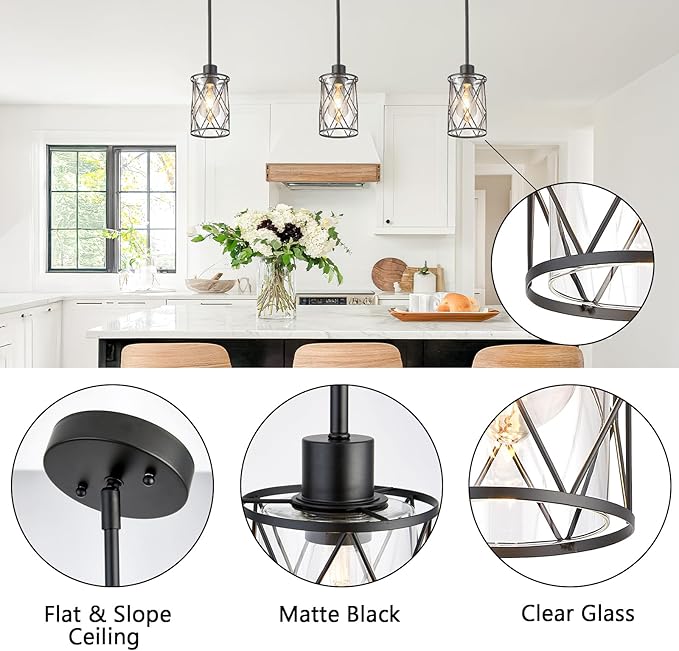 Refice Glass Pendant Lights Kitchen Island, Black Kitchen Hanging Light with Clear Glass, Farmhouse Cage Mini Pendant Lighting for Sink Dining Room Bedroom Bar, 2 Pack