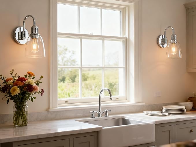 Yosoan 1-Light Brass Modern Vintage Indoor Wall Sconce, Vanity Single Luxury Hardwired Retro Textured Clear Oval Cone Glass Shade with Industrial Curved Rod Bathroom Lamp(Brushed)