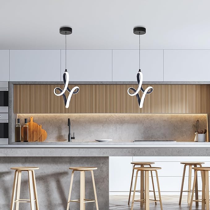 2 Packs Modern Led Pendant Light 5500K Cold White Kitchen Island Pendant Light Fixtures Adjustable Height Led Pendant Lamp for Kitchen Island Dining Room Hanging Light, 2 Packs (Black)