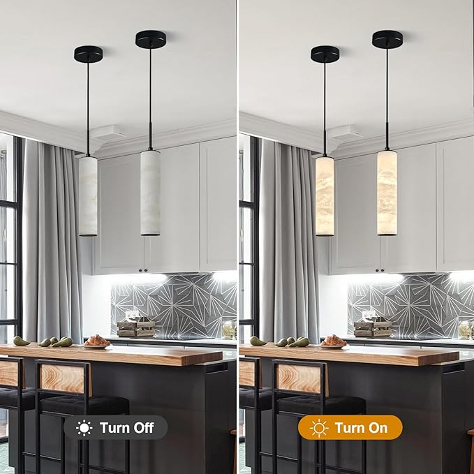 LMQNINE Natural Alabaster Pendant Lights for Kitchen Island White Marble Long Tube Chandelier 4000K Black Modern Ceiling Light Fixtures for Living Room Bedroom Dining Room Table Hallway(S-2Pack)