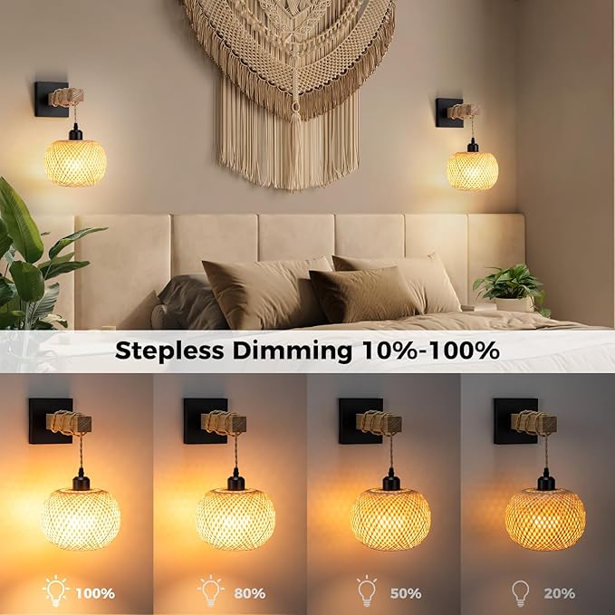 Battery Operated Wall Sconce with Remote Set of 2, Rechargeable Rattan Wall Sconces with 8000mAh Bulbs, Woven Bamboo Wall Light/Lamp Boho Wall Sconce for Bedroom (Black)