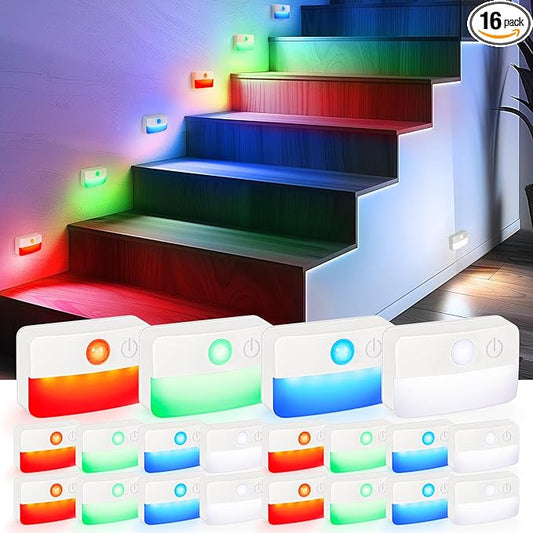 Guankai 16 Pack Motion Sensor Stair Lights for Indoor, Wireless RGB Battery Operated Night Light, Led Stick On Hallway Closet Under Cabinet Stairway Automatic Lamp for Bedroom Kitchen Bathroom