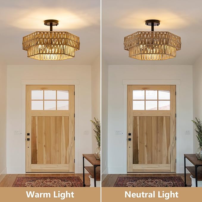 XSDeTu Farmhouse Semi Flush Mount Ceiling Light, 3-Light Boho Light Fixtures，Rustic Woven Hemp Rope Ceiling Lamp, Double Hexagonal Flush Mount Light Fixture for Hallway, Kitchen, Bedroom