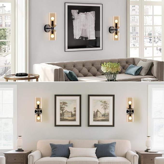 Modern Glass Wall Sconces- Double Head Wall Lighting with Long Short Glass Shades- Bathroom Vanity Light Mid-Century Up Down Hardwired Wall Lamp Indoor for Bedroom Hallway Living (Black-Amber)