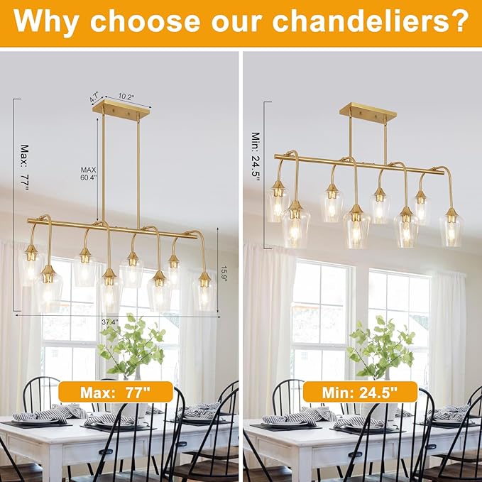 38" Dining Room Light Fixture/Chandelier Over Table, 8-Light Brushed Gold Kitchen Island Lighting with Clear Glass Shade, Modern Hanging Pendant Lights Fixture for Kitchen Island, Dining Room, Bar