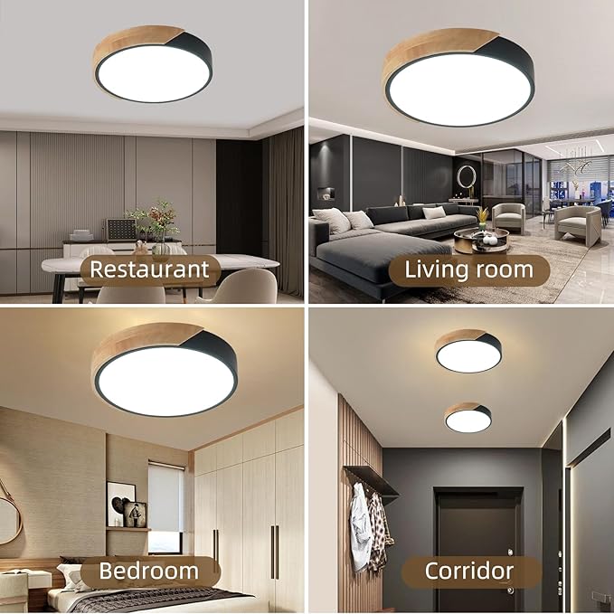 LED Ceiling Lights,12 Inch Black Modern Flush Mount Lighting Fixture,Round Shaped Wood Ceiling Lighting,30W,6500K Cool White