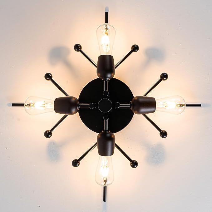 4 Light Sputnik Light Fixture Black Flush Mount Lights Industrial Ceiling Light Wood 25.24" Modern Farmhouse Ceiling Lights for Kitchen Bedroom Bathroom Foyer Hallway(E26)
