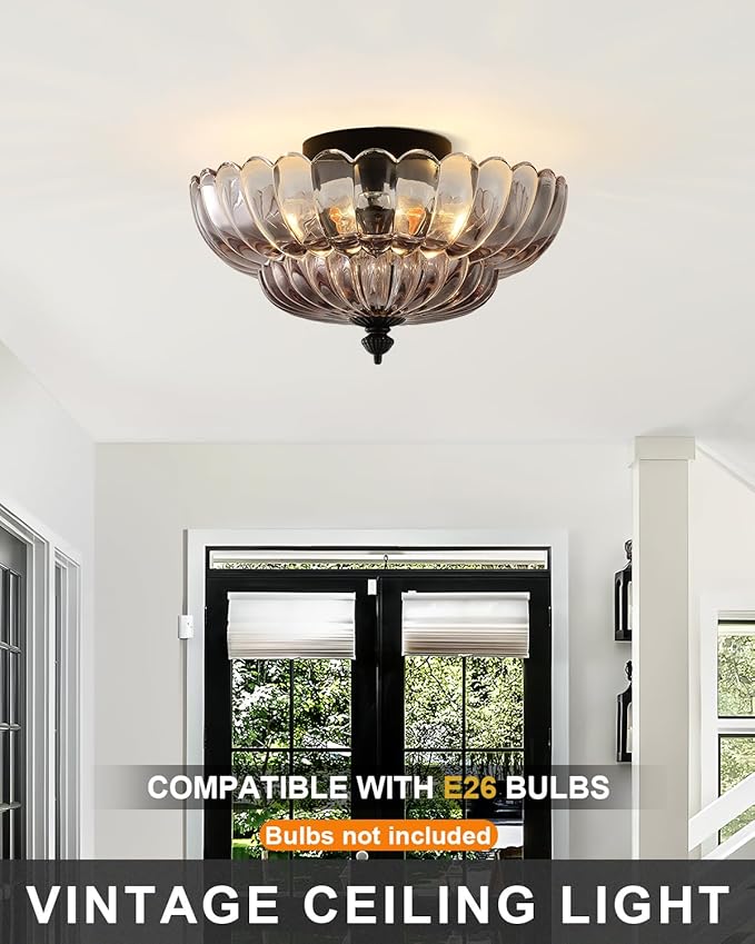ANYLOVE Modern 12Inch Smoke Gray Flower Glass Semi Flush Mount Ceiling Light, 3 Light for Living Room Bedroom Hallway Entryway Foyer
