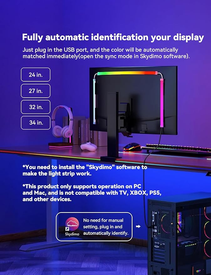 G100 LED Monitor Backlights for PC & Mac, LED Strip Lights that Sync with Screen Color or Music, Computer Light Bar Behind Monitor, LEDs for Desk Gaming, USB Port, Software Control, 27 in