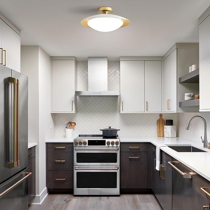 Dimmable Modern Semi Flush Mount Ceiling Light Fixture,Small White and Gold LED Glass Shade Kitchen Ceiling Lights,5CCT In One Light Fxiture for Hallway Entryway Bedroom Laundry Room Foyer(15.75in)