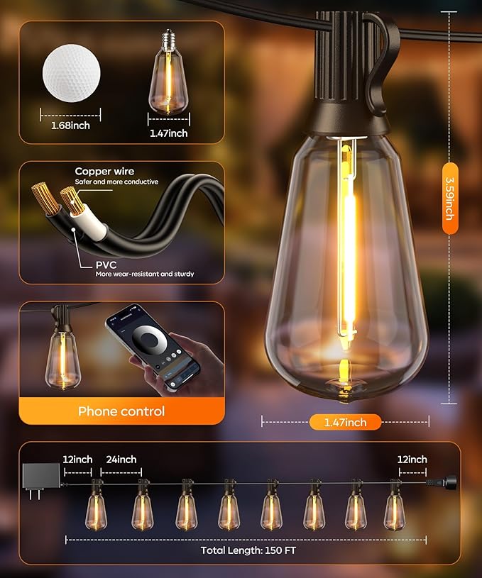 Ecoeve150ft LED Outdoor String Lights Compatible with APP and Remote Control,with Timer Function dimmable, 4 Scene Modes, Warm White Waterproof LED Bulbs, Suitable for Patio and Backyard Decoration
