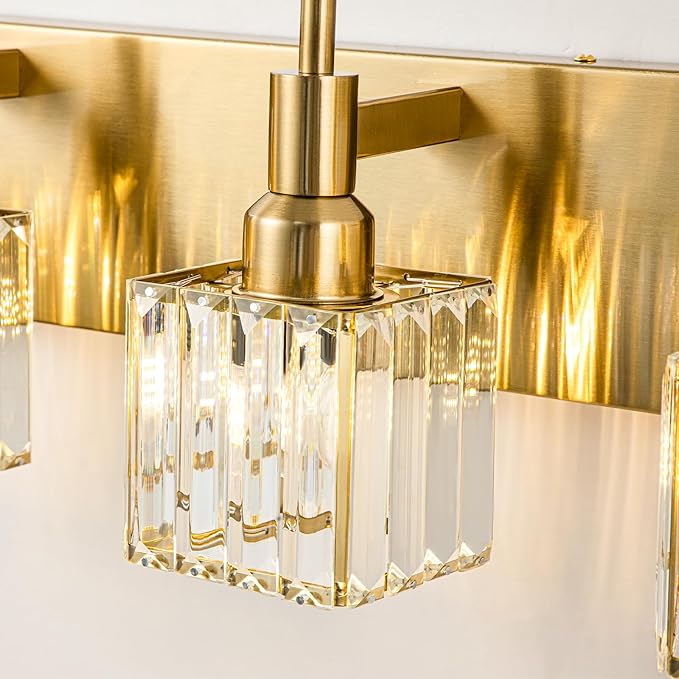 Gold Bathroom Light Fixtures, 4-Lights Crystal Bathroom Vanity Light Over Mirror Modern Gold Crystal Wall Light