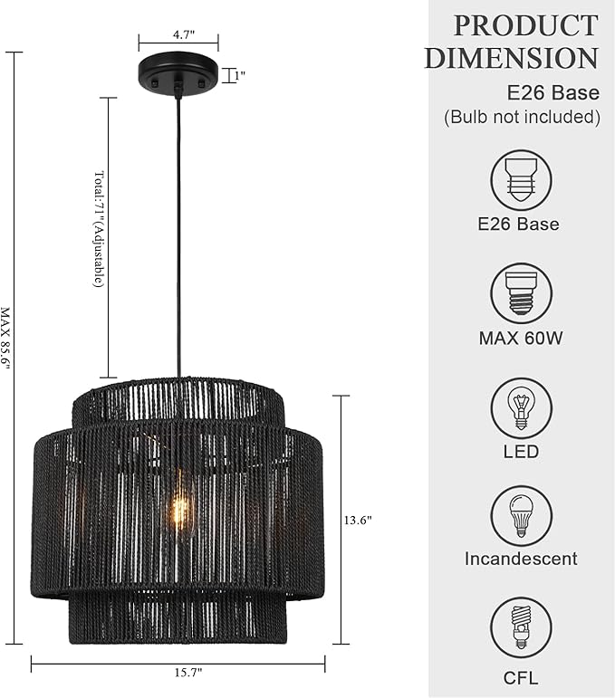 16 Inch Large Natural Simple Hand Weaved Rattan Pendant Lamp, Coastal Beach Black Rope Hanging Pendant Light Fixture for Dining Room Living Room Bedroom Kitchen Foyer