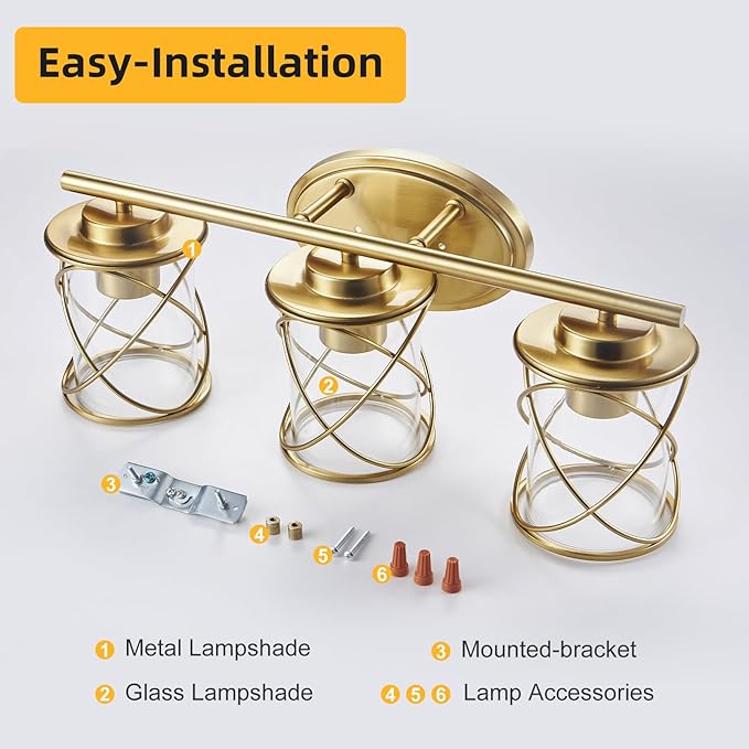 Mavcadonf Modern Vanity Lights with Cage Shade - 3 Lights, Brushed Gold, Over Mirror, for Bathroom & Kitchen