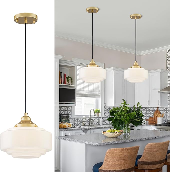Milk Glass Pendant Light 9.84" Vintage Schoolhouse Chandelier Gold Mid Century Modern Pendant Lighting Fixture for Kitchen Island Dining Room Living Room Hallway, Adjustable Height (E26)