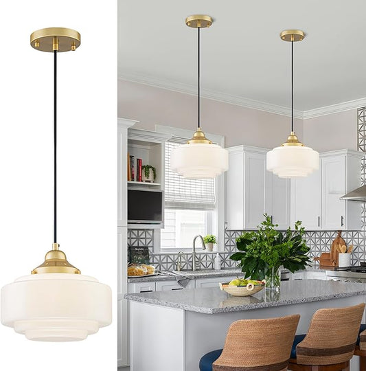 Milk Glass Pendant Light 9.84" Vintage Schoolhouse Chandelier Gold Mid Century Modern Pendant Lighting Fixture for Kitchen Island Dining Room Living Room Hallway, Adjustable Height (E26)