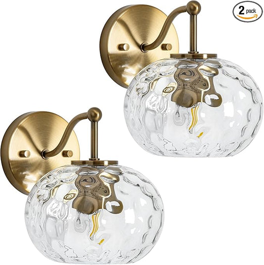 Modern Iridescent Glass Wall Sconce Gold Brass Wall Light Set of 2 Hammered Clear Glass Vanity Light for Bedroom Hallway Living Room Stairwell Bathroom Over Mirror