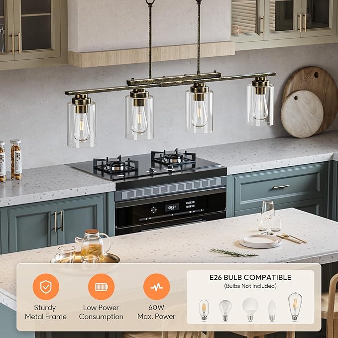 VONLUCE Kitchen Island Lighting, Dining Room Light Fixture Over Table with Glass Shade