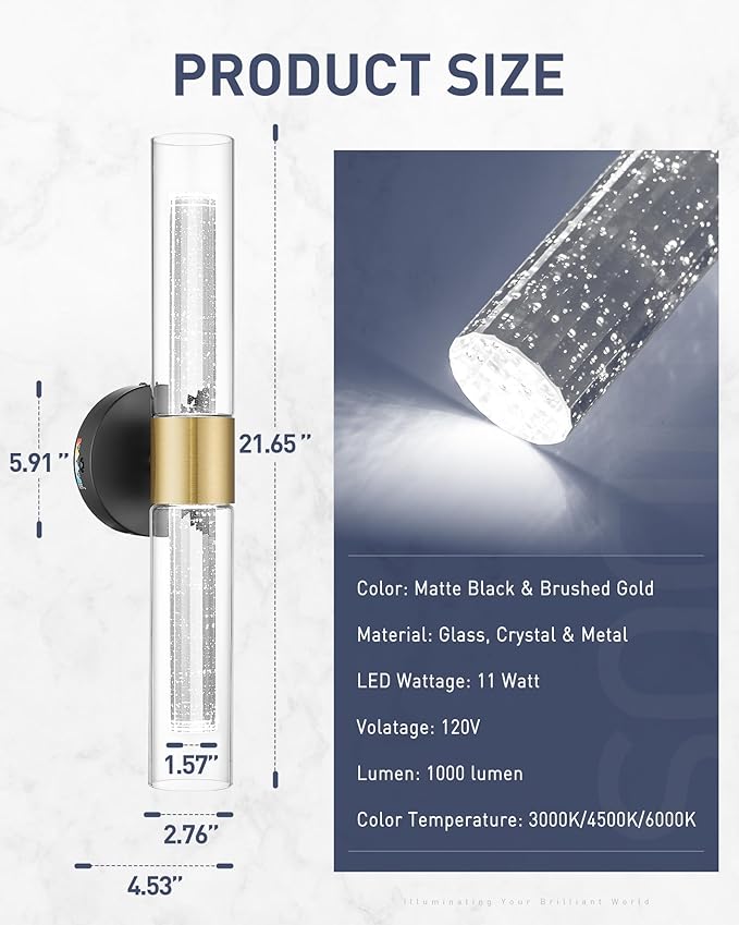 kudos Black and Gold Bathroom Light Fixtures,Modern Led Wall Sconce Light with Crystal Bubble and Clear Glass, 3000K/4500K/6000K Adjustable, KDVL05-BG-2