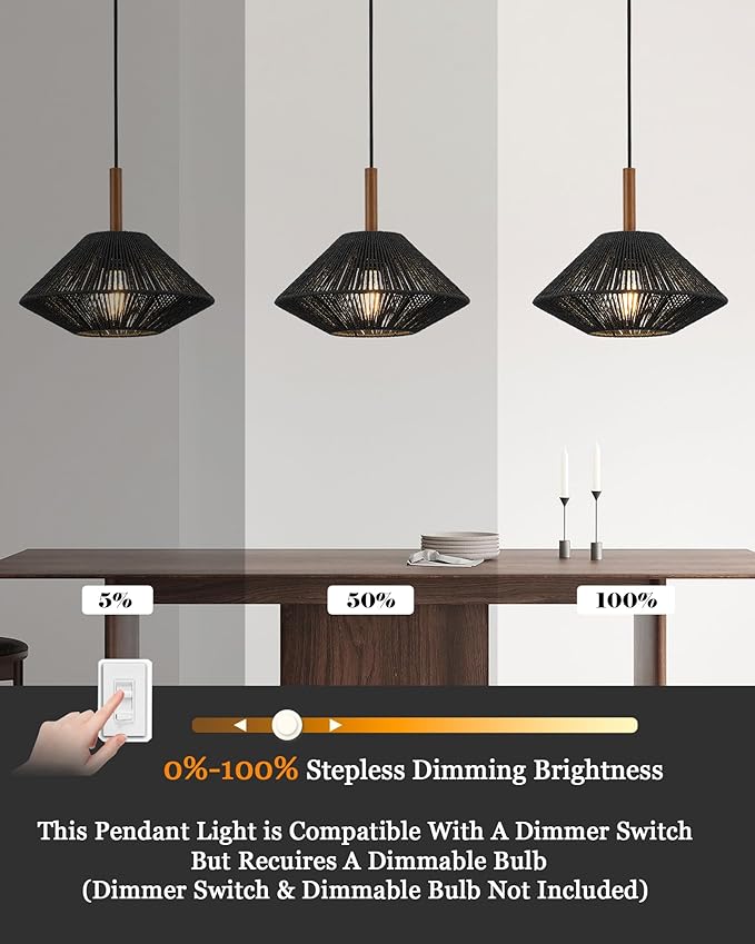 ELYONA 12.6" Modern Pendant Light Fixtures, Black Woven Pendant Light with Solid Ash Wood, Hanging Light for Kitchen Island, Farmhouse Boho Rattan Ceiling Light for Dining Room Bedroom Living Room