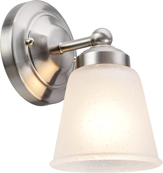 Aspen Creative 62012-1, One-Light Metal Bathroom Vanity Wall Light Fixture, 5" Wide, Transitional Design in Satin Nickel with Frosted Seeded Glass Shade