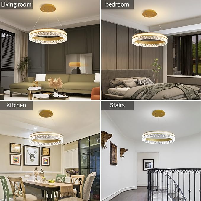 Modern LED Chandelier 1 Ring 19.7in Pendant Lighting for Kitchen Island 50W Dimmable LED Pendant Ceiling Light Gold Hanging Light with Remote for Kitchen Dining Room Bedroom Living Room