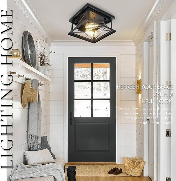 Hamilyeah Industrial Flush Mount Ceiling Light Fixture Black, Farmhouse Close to Ceiling Light Fixture for Bedroom, Living Room, Porch, Hallway, Outdoor, Kitchen Lights Ceiling Mount