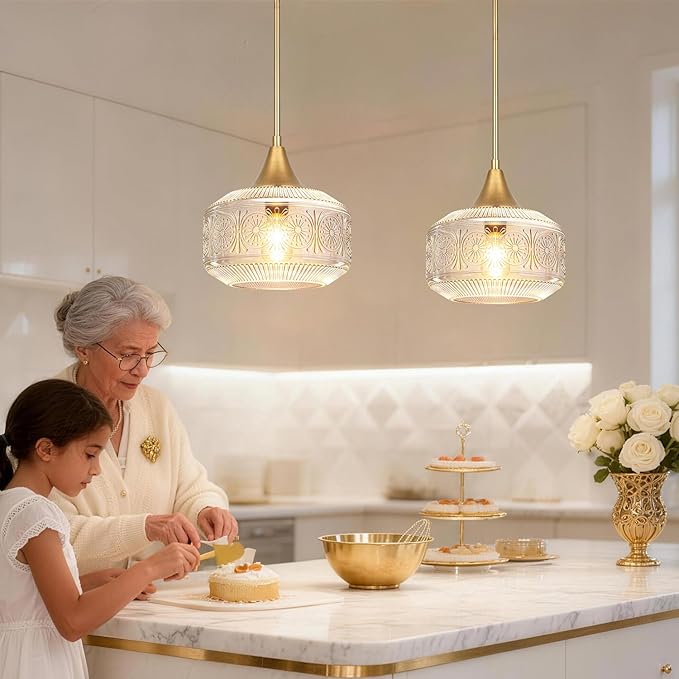 9'' Vintage Gold Pendant Light with Clear Glass, Adjustable Pendant Lighting for Kitchen Island Brushed Pendant Lights Convertible Ceiling Mount Or Hanging Fixture for Hallway Bathroom,Brown Bronze