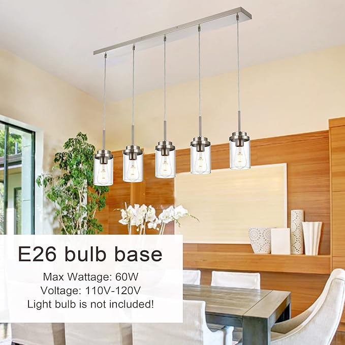 MELUCEE 5 Lights Kitchen Island Lighting Modern Linear Chandeliers for Dining Room, Industrial Brushed Nickel Pendant Light Fixtures Ceiling Hanging with Clear Glass Shade, 37.0 Inches Length
