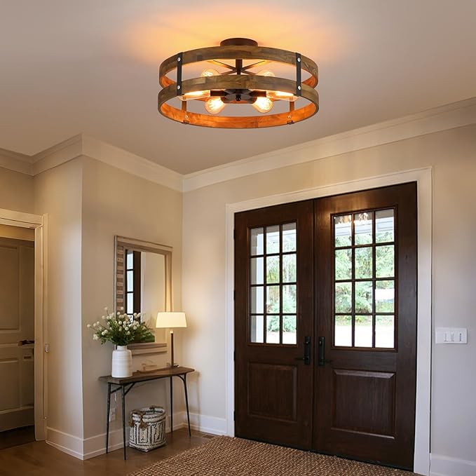 6-Light Large Rustic Farmhouse Wood Flush Mount Ceiling Light Fixture 20 inch Oak Wood and Metal Round Drum Semi Flush Mount Ceiling Light for Hallway Entry Farmhouse Bedroom Living Room, Black