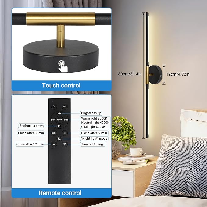 TaoFiaCo Battery Operated Wall Sconces Set of Two, 360°Rotate Wireless Rechargeable Wall Sconces with Remote Control, Black Gold, Dimmable, Timing Decor Lights for Bedroom Hallway, 31.5 Inch