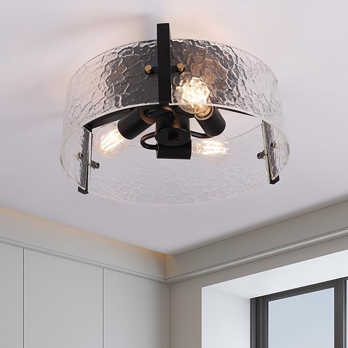 15'' Modern Black Semi Flush Mount Ceiling Light Fixtures, 3-Light Glass Ceiling Mount Light Fixtures, Close to Ceiling Light Fixtures for Kitchen Foyer Entryway Bedroom Hallway Laundry
