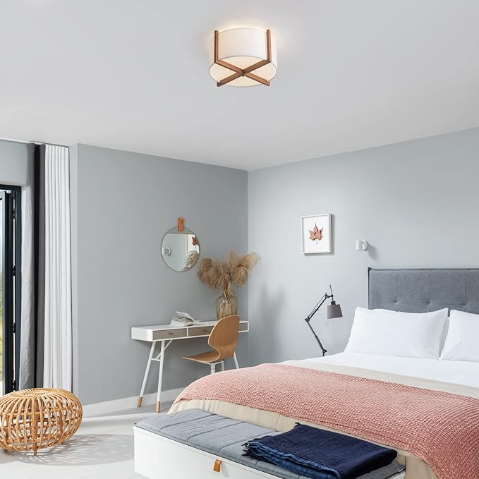 VILUXY Semi-Flush Mount Ceiling Light Fixture with Wood and Off-White Fabric Drum Shade Modern Chandelier for Bedroom, Dining Room, Corridor, Living Room 4-Light