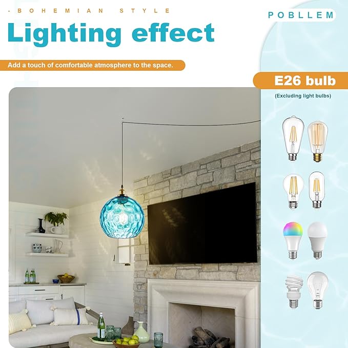 Globe Hanging Light Fixture with Plug in Cord, Blue Coastal Pendant Lighting Plug in, 13.8" Large Hammered Glass Hanging Swag Lamp for Kitchen Dining Room Living Room Bedroom