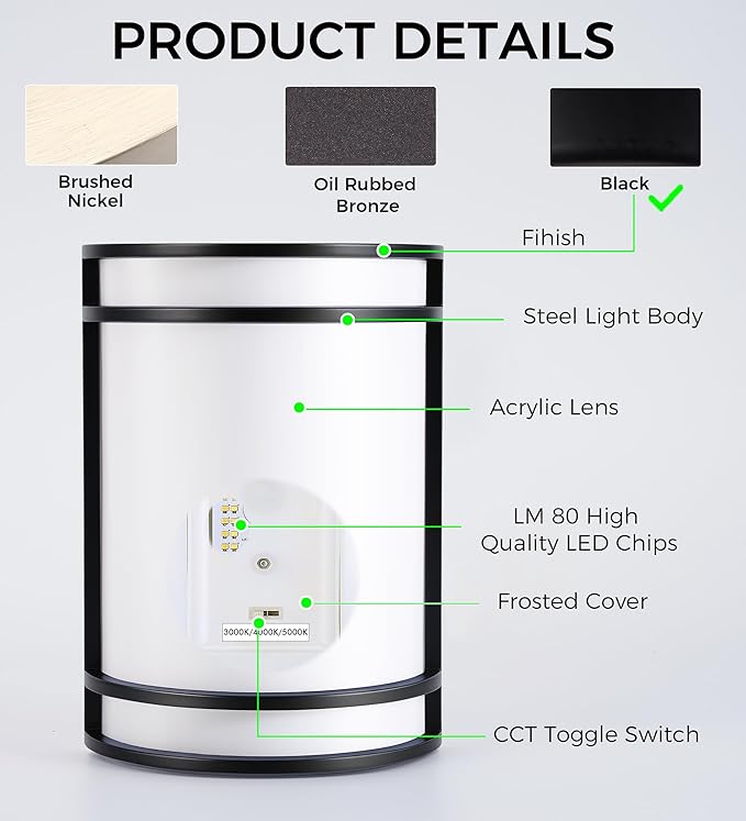 CLOUDY BAY LED 3 Color Wall Sconce,Wall Lighting,3000K/4000K/5000K Color Temperature Adjustable Wall Mount Light Fixture,15W 120V Dimmable CRI 90+ LED Wall Light,Black