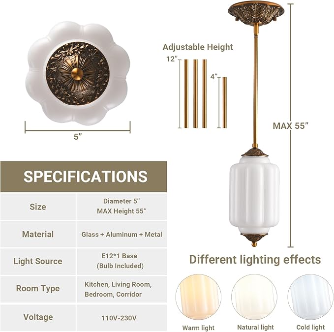 LOUSACE 5.5 in Vintage Milk Glass Ceiling Light Fixture, Antique White Semi Flush Mount Milk Glass Pendant Light, Farmhouse Ceiling Light for Kitchen Hallway Dining Room Bedroom, LED Bulb Included